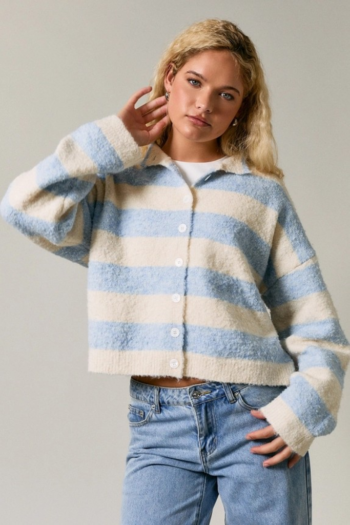 cream & light blue stripe high neck cardigan