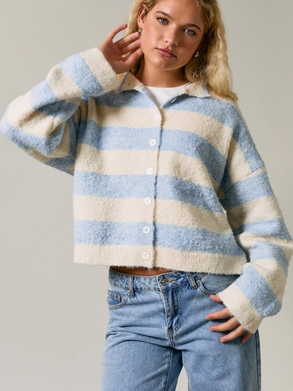 cream & light blue stripe high neck cardigan