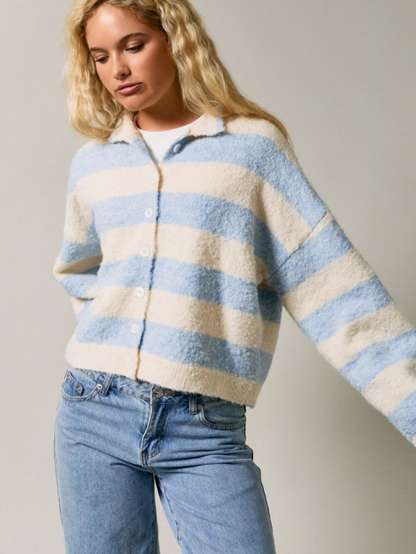 cream & light blue stripe high neck cardigan