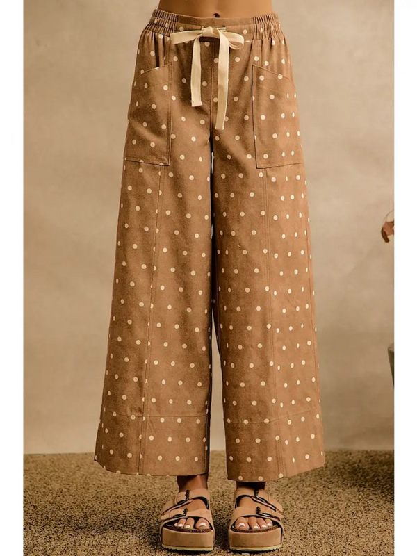 camel & ivory polka dot elasticized wide leg pants
