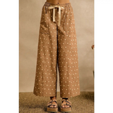 camel & ivory polka dot elasticized wide leg pants