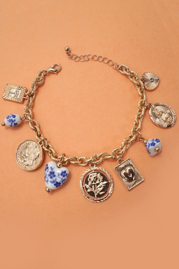 Gold Blue Ceramic Porcelain Coin Cross Charm Bracelet