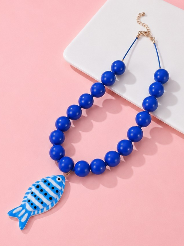 navy fish pendant beaded necklace