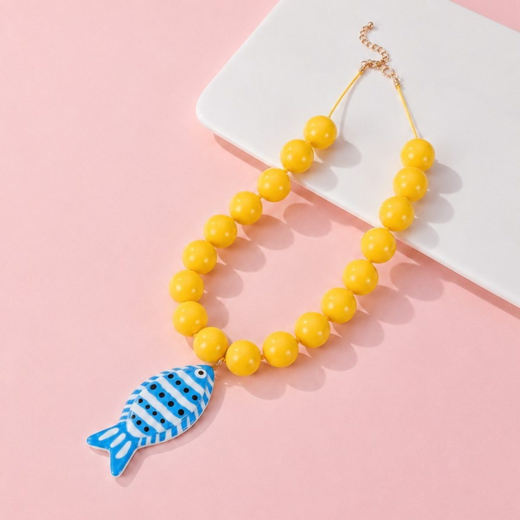 yellow fish pendant beaded necklace