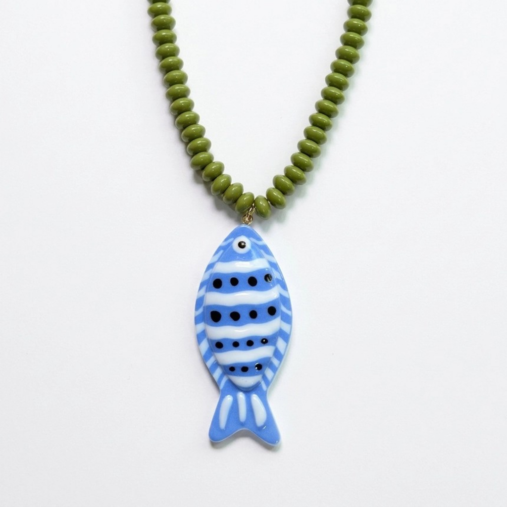 olive fish pendant beaded necklace