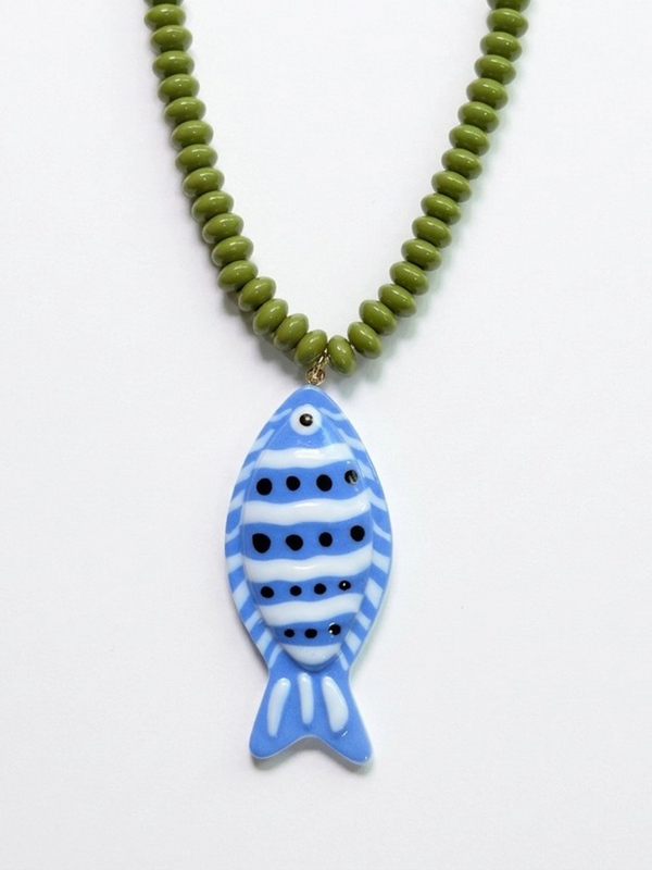 olive fish pendant beaded necklace