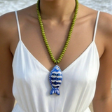 olive fish pendant beaded necklace