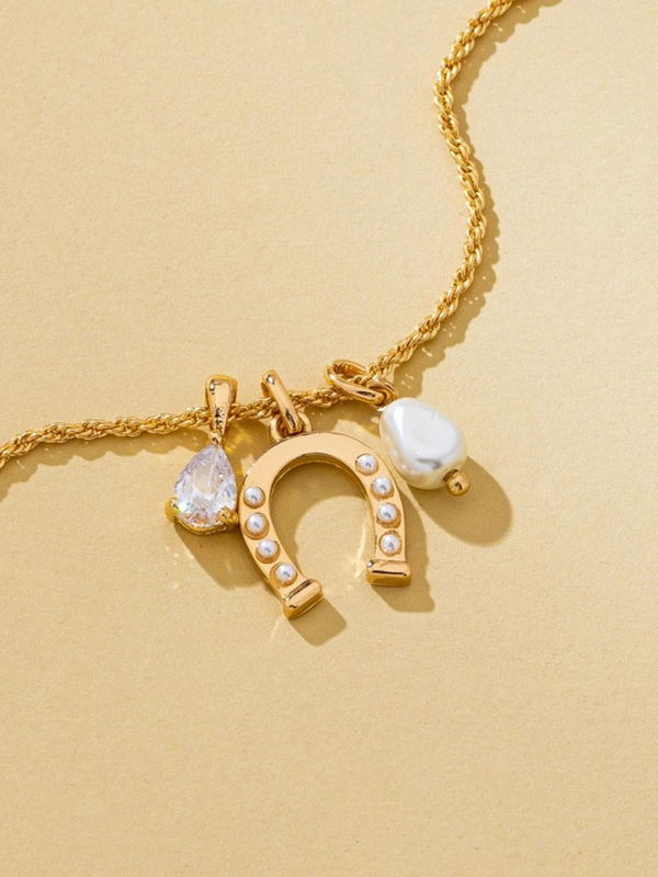 pave horseshoe and pearl drop charm necklace