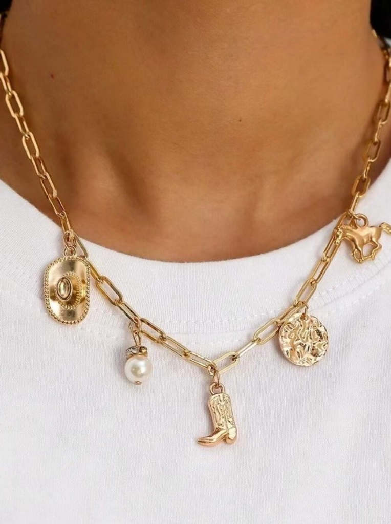 gold western boot star horseshoe charm necklace