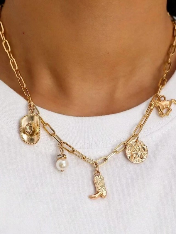 gold western boot star horseshoe charm necklace