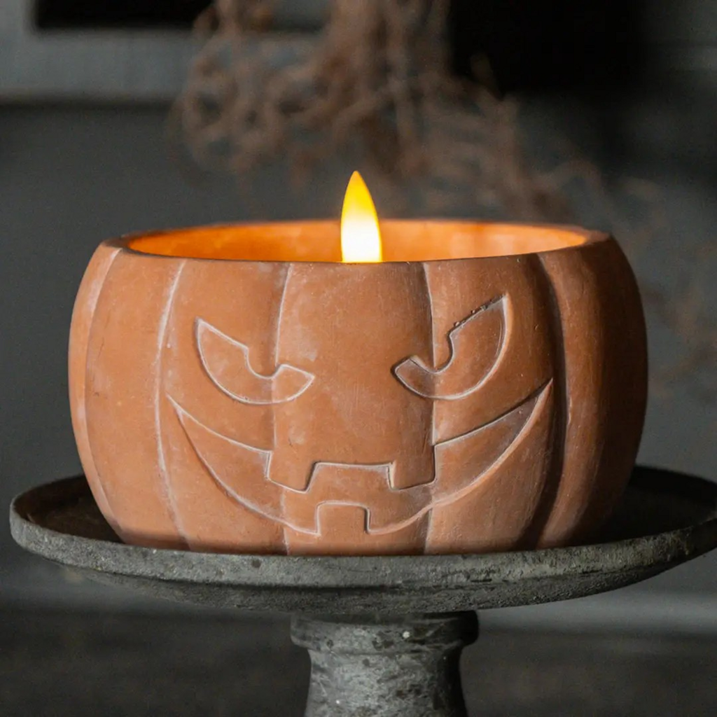 3.5" orange jack o lantern 3D flame candle
