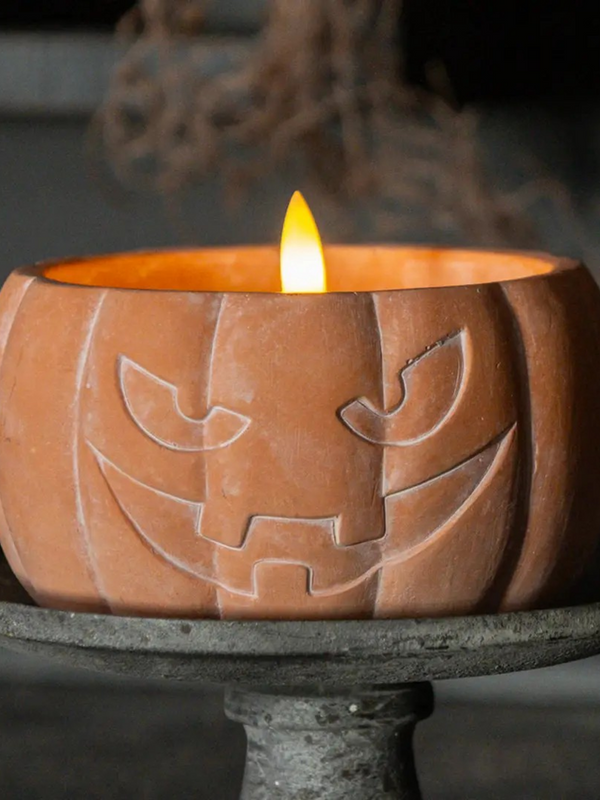 3.5" orange jack o lantern 3D flame candle