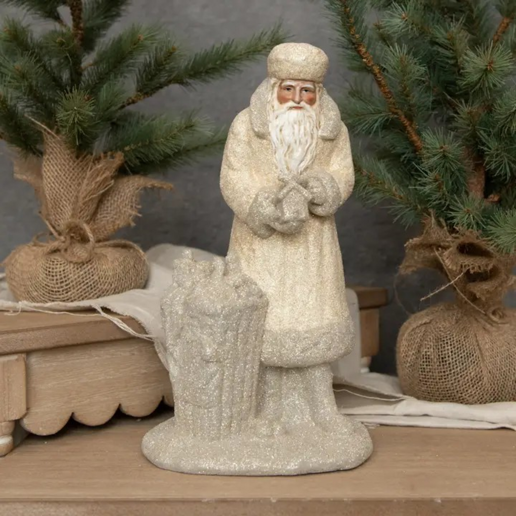 12" cream and gray santa with toy bag statue