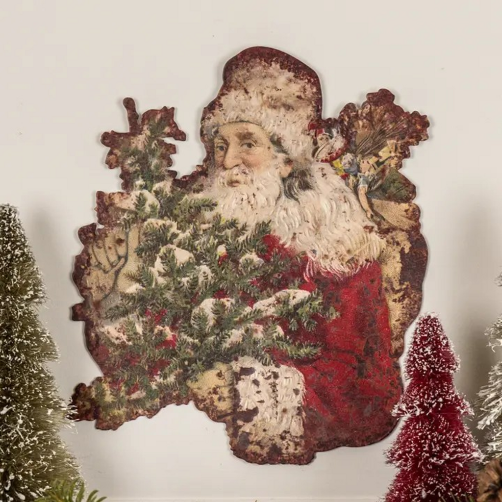 santa with tree metal plaque