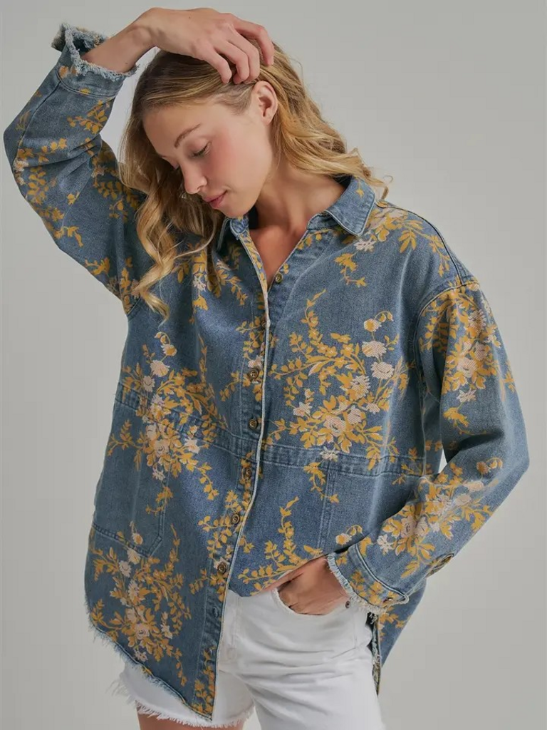 floral denim relaxed shirt top with pockets