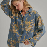 floral denim relaxed shirt top with pockets