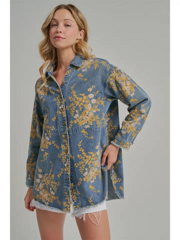 floral denim relaxed shirt top with pockets