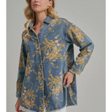 floral denim relaxed shirt top with pockets
