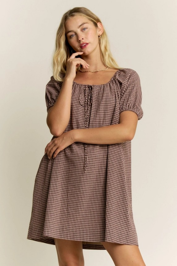 mocha gingham puff sleeve drawstring neck dress