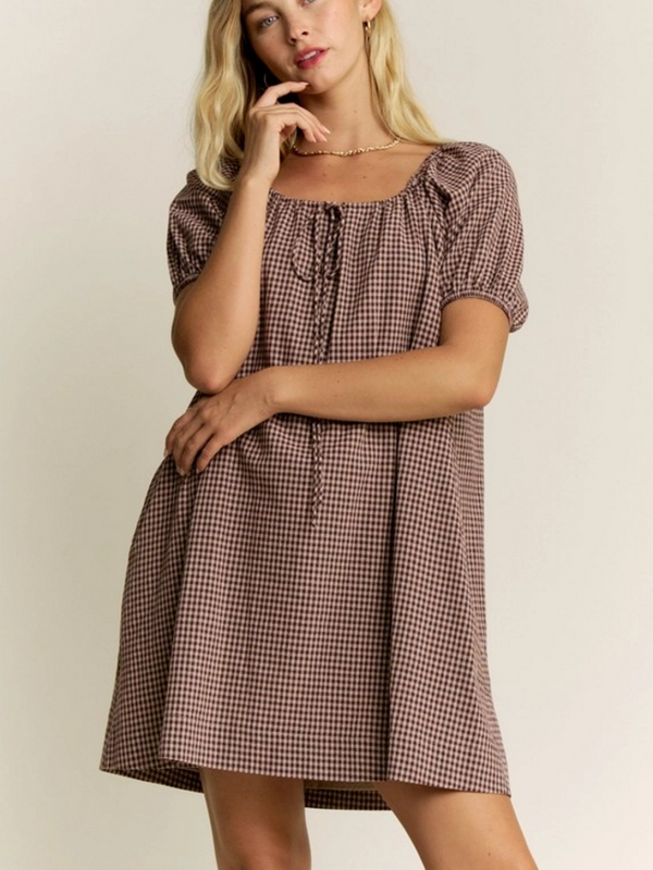 mocha gingham puff sleeve drawstring neck dress