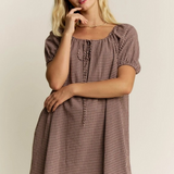 mocha gingham puff sleeve drawstring neck dress