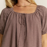 mocha gingham puff sleeve drawstring neck dress