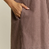 mocha gingham puff sleeve drawstring neck dress