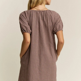 mocha gingham puff sleeve drawstring neck dress