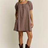 mocha gingham puff sleeve drawstring neck dress