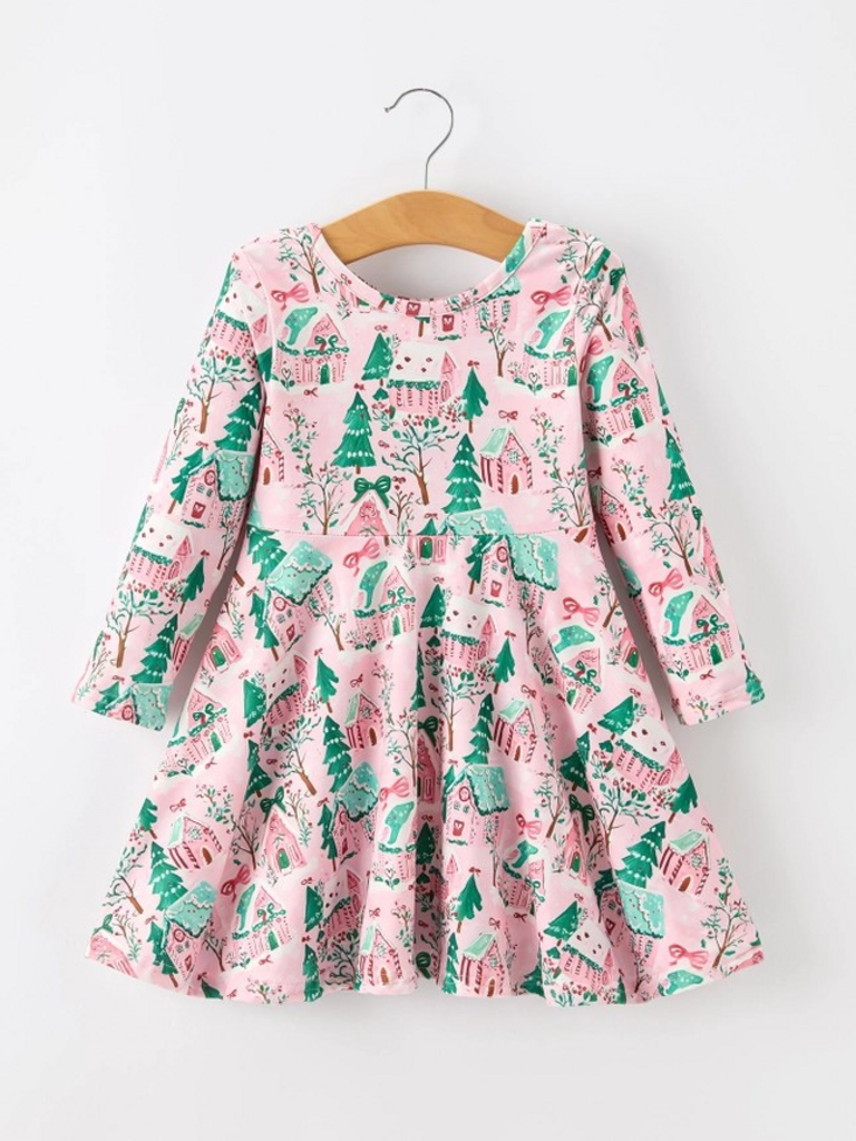 Christmas village print girls twirl dress