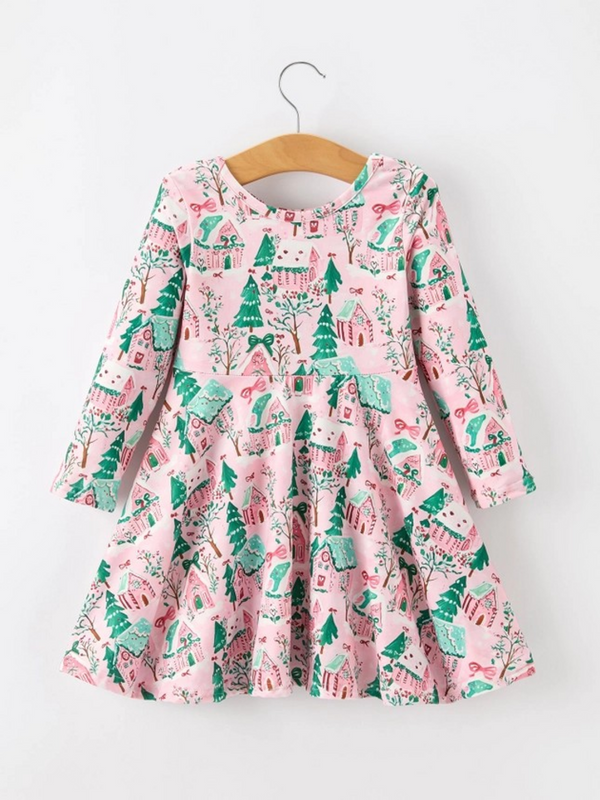 Christmas village print girls twirl dress
