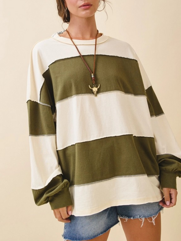 Cream and olive contrast panel long sleeve slouchy top