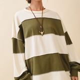 Cream and olive contrast panel long sleeve slouchy top