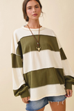 Cream and olive contrast panel long sleeve slouchy top