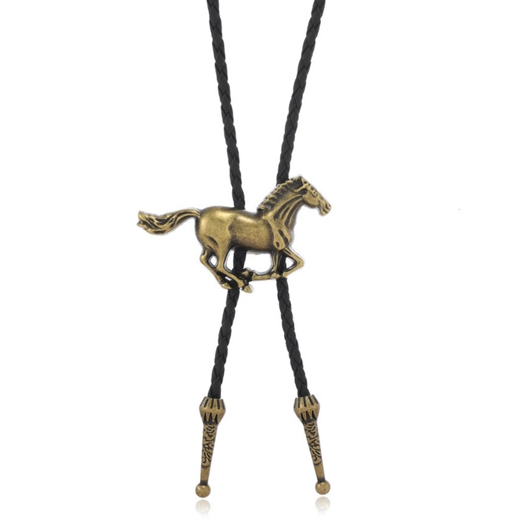 Antique Gold Galloping Horse Pendant Western Cowboy Bolo Tie Necklace