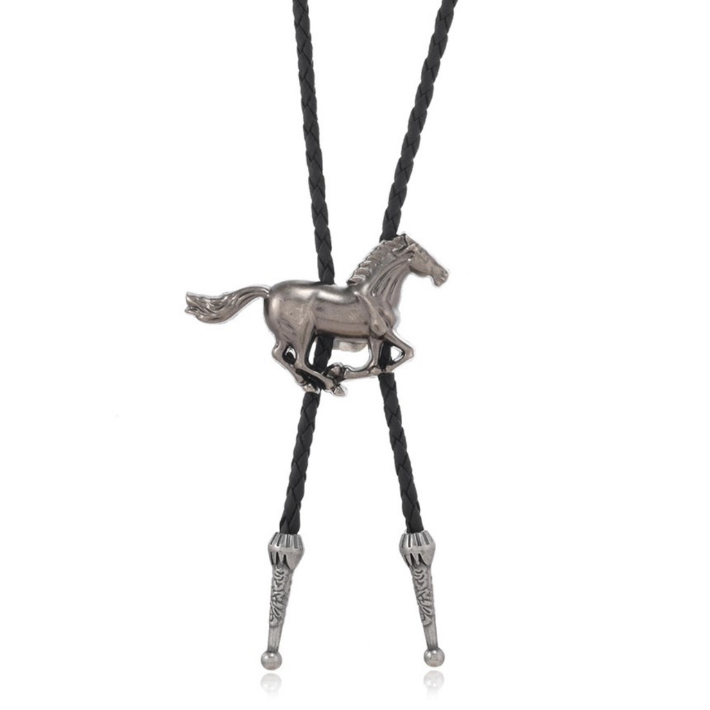 Silver Galloping Horse Pendant Western Cowboy Bolo Tie Necklace