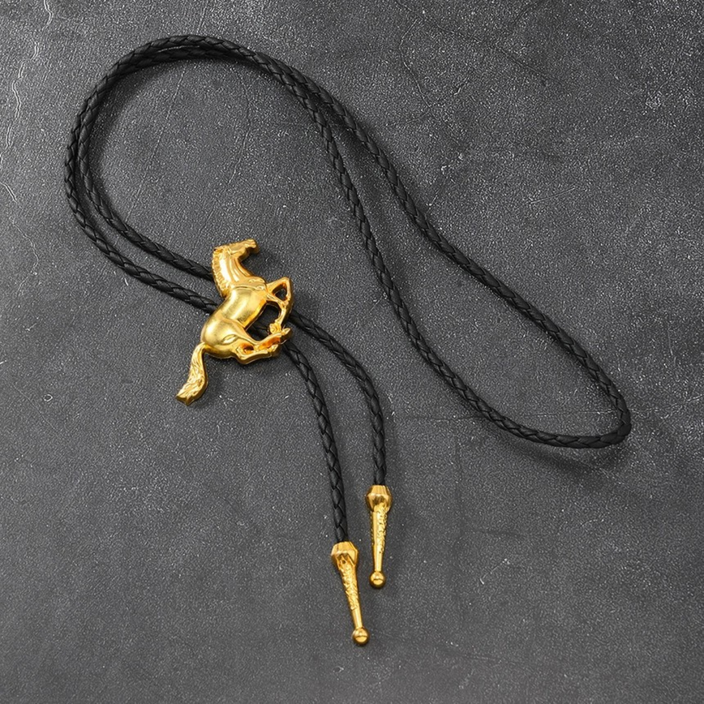 Gold Galloping Horse Pendant Western Cowboy Bolo Tie Necklace