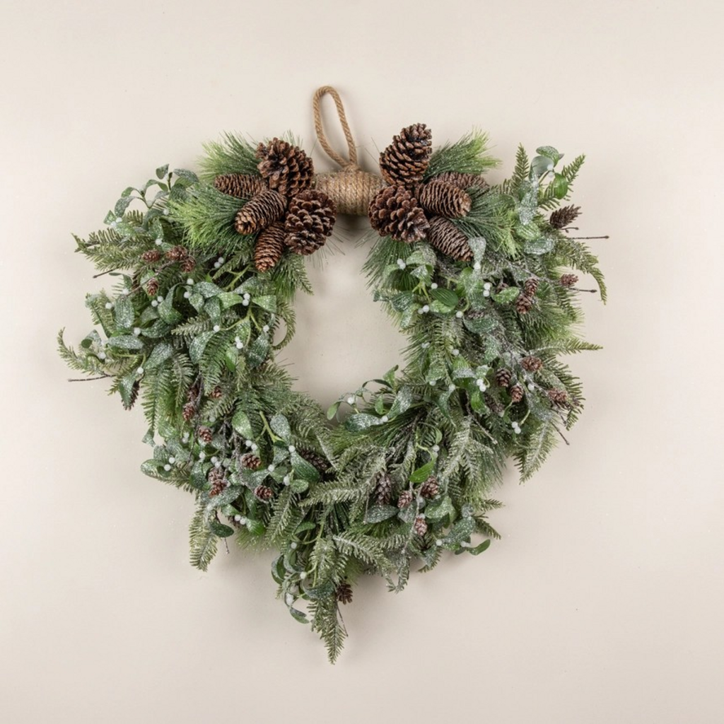 28" frosted pine hemlock and mistletoe hanging wreath