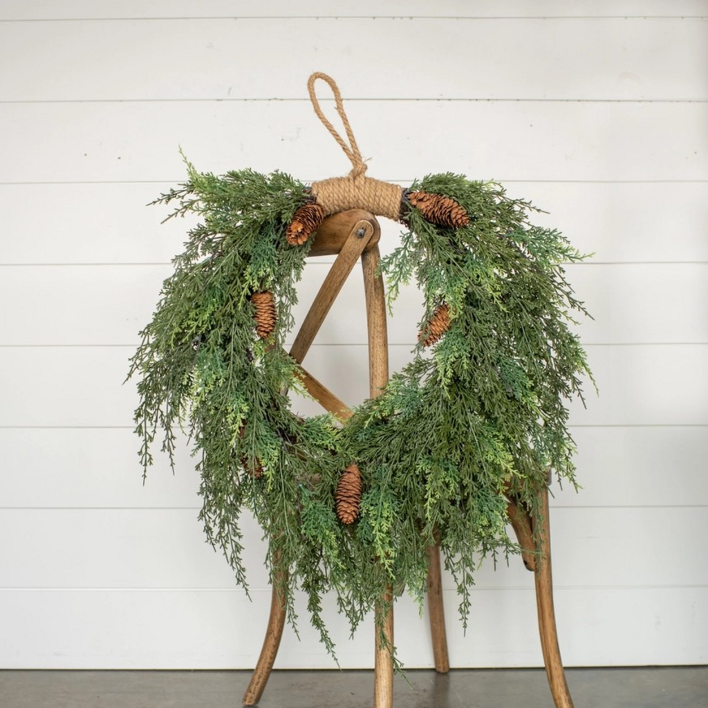 28" cedar and cones hanging wreath