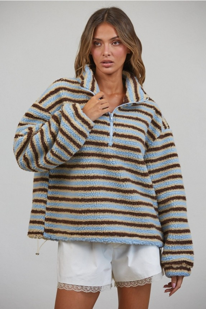 blue & brown relaxed sherpa half zip pullover