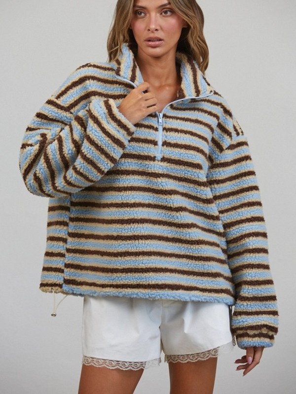 blue & brown relaxed sherpa half zip pullover