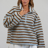 blue & brown relaxed sherpa half zip pullover