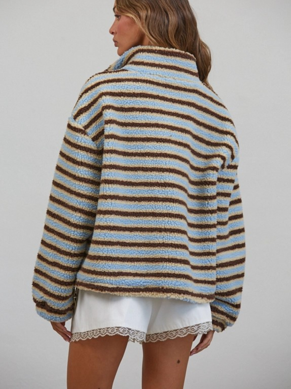 blue & brown relaxed sherpa half zip pullover