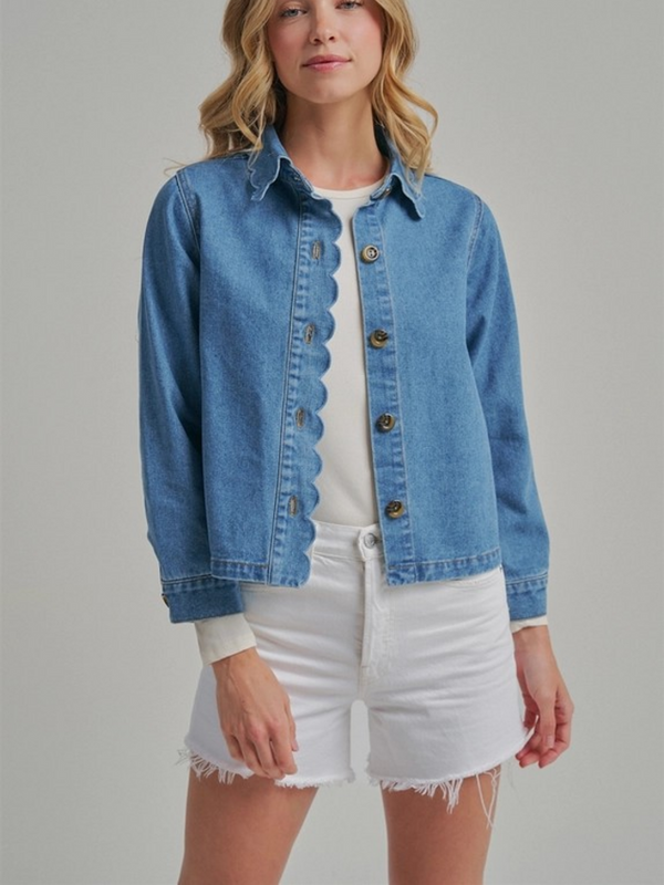 denim jacket with scallop embroidery collar