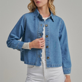 denim jacket with scallop embroidery collar