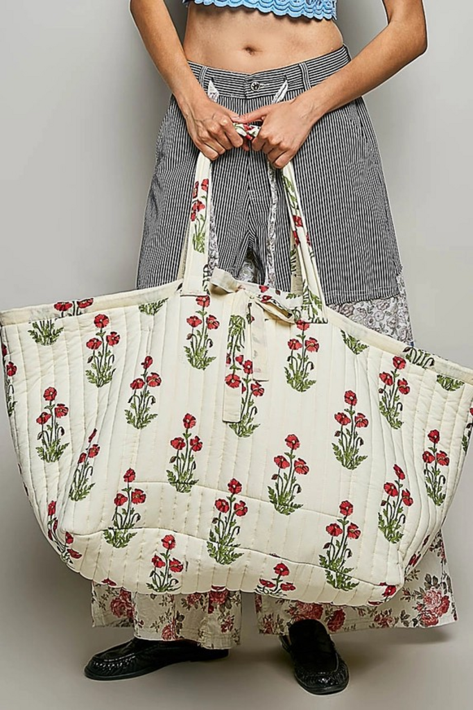multi ivory ribbon tie quilted floral jumbo tote