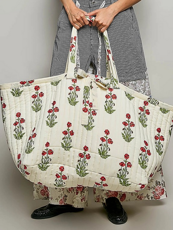 multi ivory ribbon tie quilted floral jumbo tote
