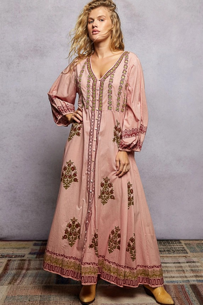 multi pink V neck balloon sleeve dress