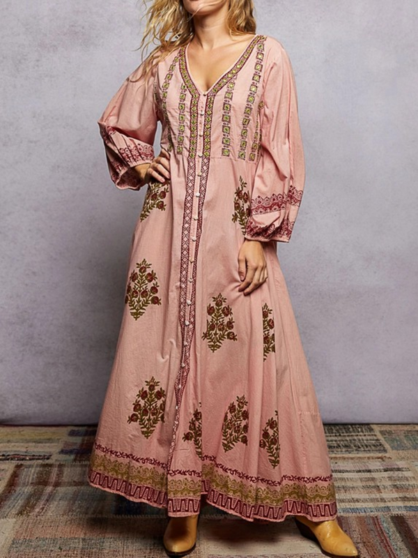 multi pink V neck balloon sleeve dress