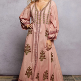 multi pink V neck balloon sleeve dress